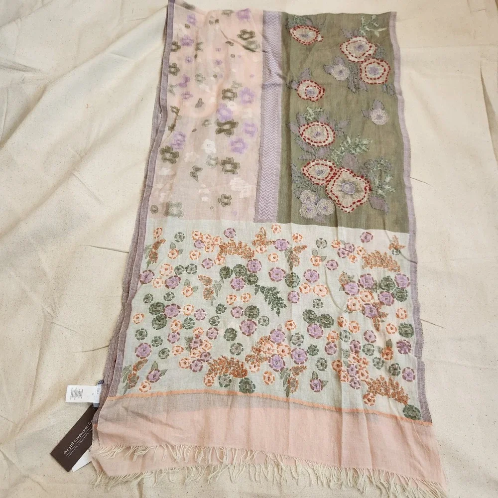 New J. Jill Cotton Floral Embroidered Fringe Scarf Pink Green Kantha Light